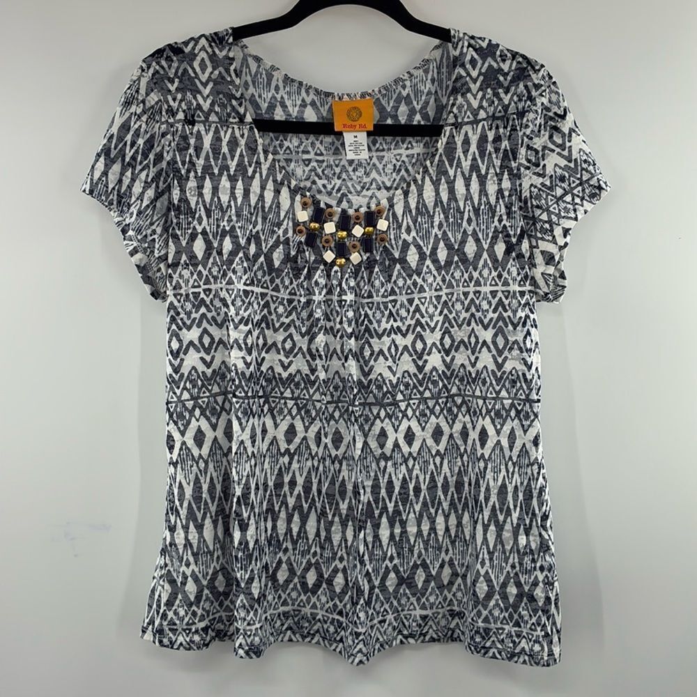 3for$20 Ruby Road Blue/White Tribe Beaded Collar Top size M